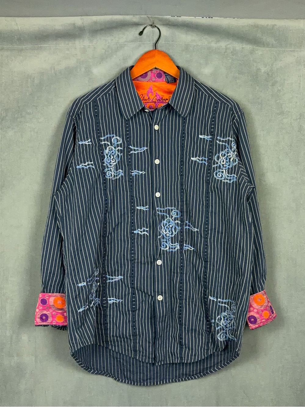 Robert Graham Embroidered Shirt Mens Size Blue Large Long Sleeve Striped